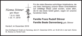 Traueranzeige von Hanna Stinner von Siegener Zeitung
