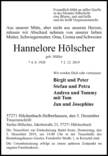 Traueranzeige von Hannelore Hölscher von Siegener Zeitung