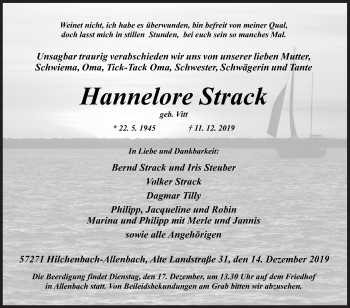 Traueranzeige von Hannelore Strack von Siegener Zeitung