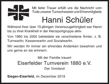 Traueranzeige von Hanni Schüler von Siegener Zeitung