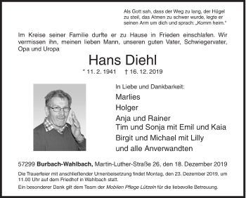 Traueranzeige von Hans Diehl von Siegener Zeitung