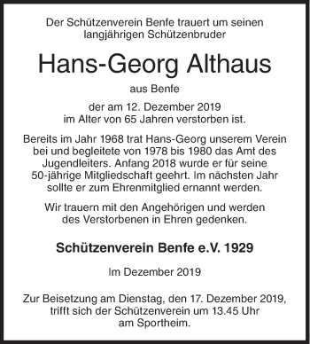 Traueranzeige von Hans-Georg Althaus von Siegener Zeitung