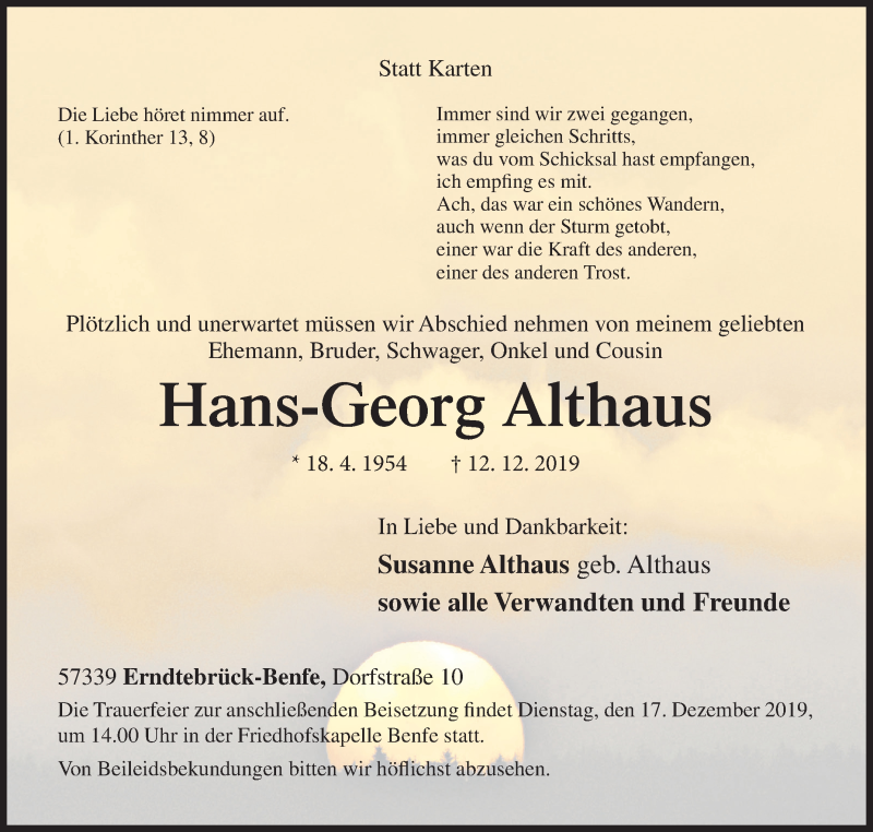  Traueranzeige für Hans-Georg Althaus vom 14.12.2019 aus Siegener Zeitung