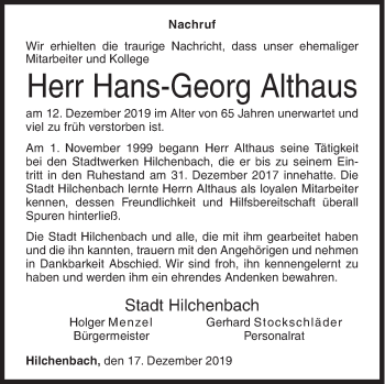 Traueranzeige von Hans-Georg Althaus von Siegener Zeitung