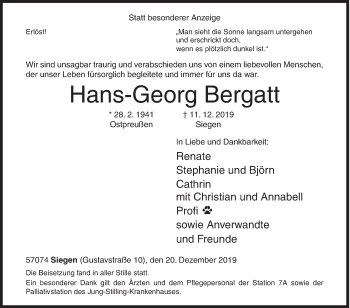 Traueranzeige von Hans-Georg Bergatt von Siegener Zeitung