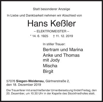 Traueranzeige von Hans Keßler von Siegener Zeitung