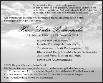 Traueranzeige von Hans Dieter Rothenpieler von Siegener Zeitung