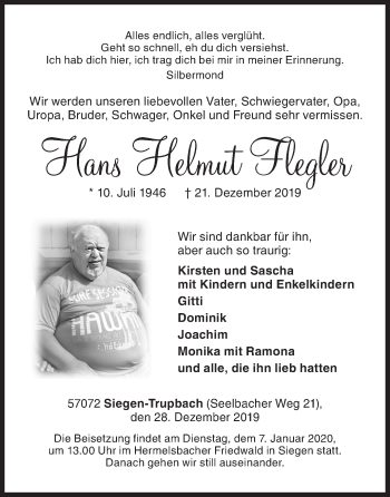 Traueranzeige von Hans Helmut Flegler von Siegener Zeitung