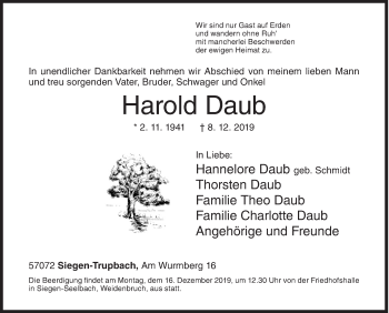 Traueranzeige von Harold Daub von Siegener Zeitung