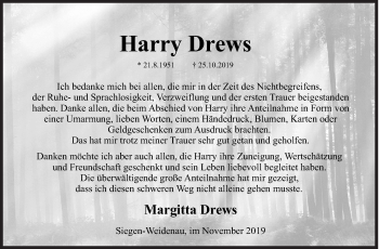 Traueranzeige von Harry Drews von Siegener Zeitung