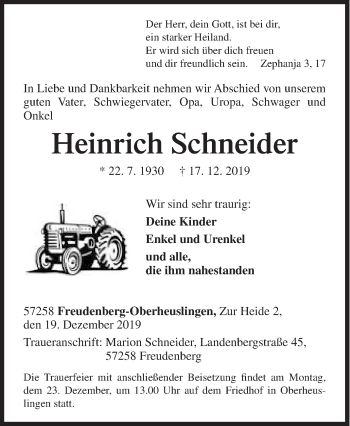 Traueranzeige von Heinrich Schneider von Siegener Zeitung