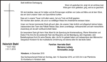 Traueranzeige von Heinrich Stahl von Siegener Zeitung