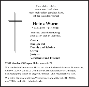 Traueranzeige von Heinz Wurm von Siegener Zeitung