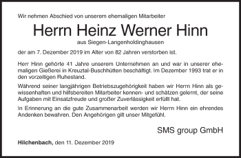 Traueranzeige von Heinz Werner Hinn von Siegener Zeitung