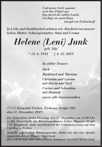 Traueranzeige von Helene Junk von Siegener Zeitung