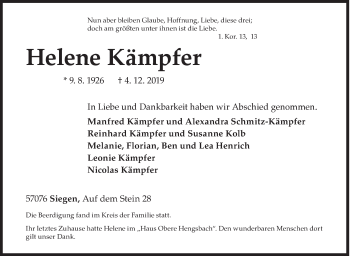 Traueranzeige von Helene Kämpfer von Siegener Zeitung