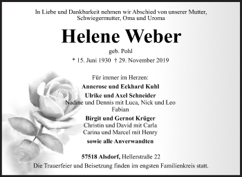 Traueranzeige von Helene Weber von Siegener Zeitung