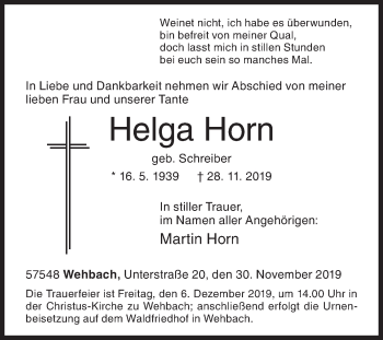 Traueranzeige von Helga Horn von Siegener Zeitung