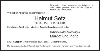 Traueranzeige von Helmut Setz von Siegener Zeitung