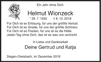 Traueranzeige von Helmut Wionzeck von Siegener Zeitung