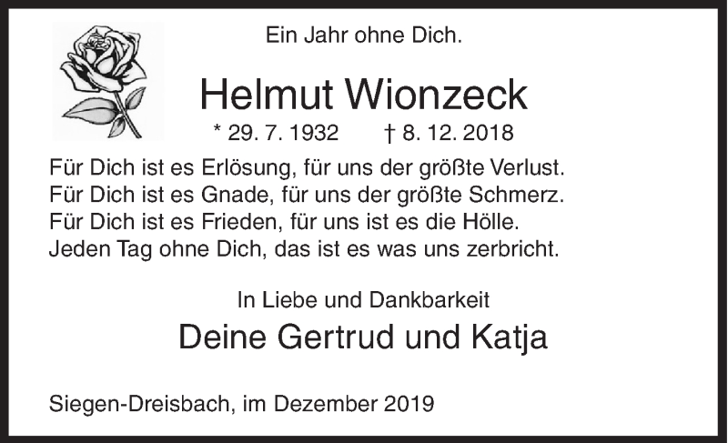  Traueranzeige für Helmut Wionzeck vom 07.12.2019 aus Siegener Zeitung