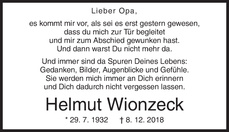  Traueranzeige für Helmut Wionzeck vom 11.12.2019 aus Siegener Zeitung