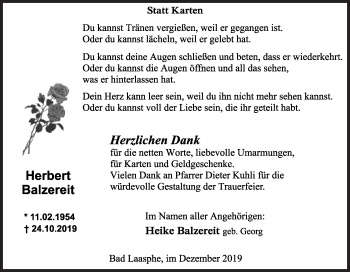 Traueranzeige von Herbert Balzereit von Siegener Zeitung