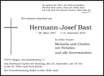 Traueranzeige von Hermann-Josef Bast von Siegener Zeitung