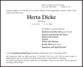 Traueranzeige von Herta Dicke von Siegener Zeitung