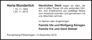 Traueranzeige von Herta Wunderlich von Siegener Zeitung