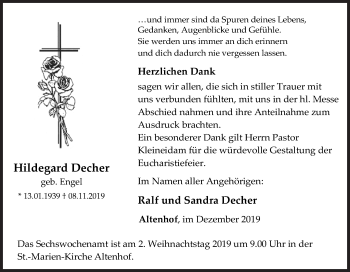 Traueranzeige von Hildegard Decher von Siegener Zeitung