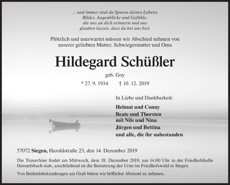  Traueranzeige für Hildegard Schüßler vom 14.12.2019 aus Siegener Zeitung