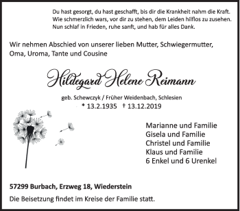 Traueranzeige von Hildegard Helene Reimann von Siegener Zeitung