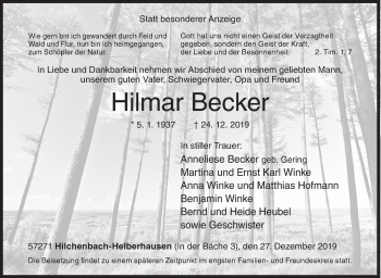Traueranzeige von Hilmar Becker von Siegener Zeitung