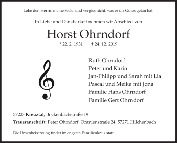 Traueranzeige von Horst Ohrndorf von Siegener Zeitung