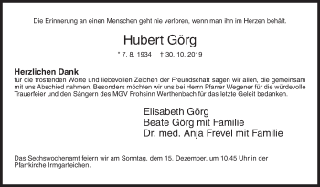 Traueranzeige von Hubert Görg von Siegener Zeitung