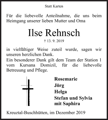 Traueranzeige von Ilse Rehnsch von Siegener Zeitung