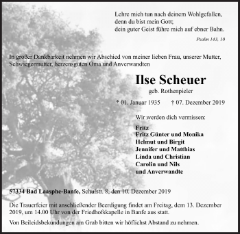Traueranzeige von Ilse Scheuer von Siegener Zeitung