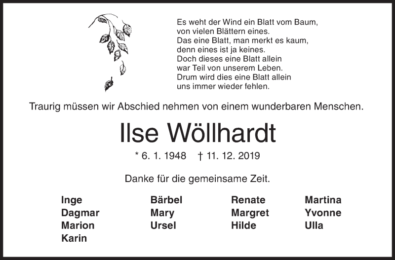  Traueranzeige für Ilse Wöllhardt vom 21.12.2019 aus Siegener Zeitung