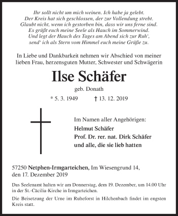 Traueranzeige von Ilse Schäfer Schäfer von Siegener Zeitung