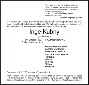 Traueranzeige von Inge Kubny von Siegener Zeitung