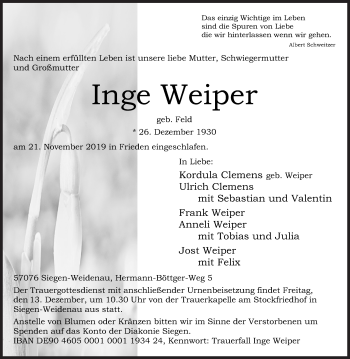 Traueranzeige von Inge Weiper von Siegener Zeitung