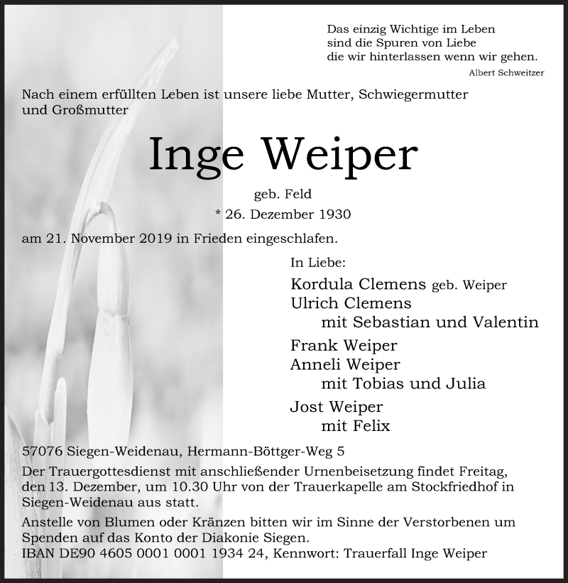  Traueranzeige für Inge Weiper vom 07.12.2019 aus Siegener Zeitung