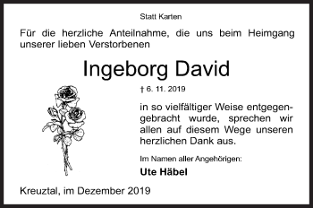 Traueranzeige von Ingeborg David von Siegener Zeitung