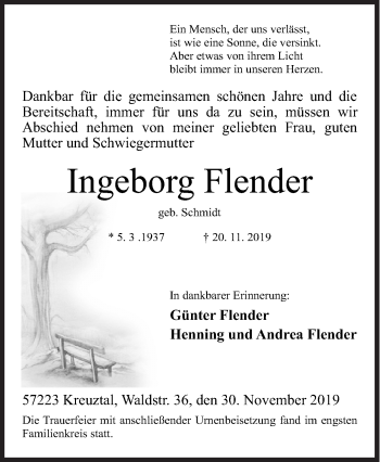 Traueranzeige von Ingeborg Flender von Siegener Zeitung
