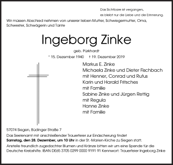 Traueranzeige von Ingeborg Zinke von Siegener Zeitung