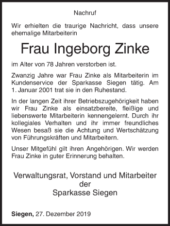 Traueranzeige von Ingeborg Zinke von Siegener Zeitung