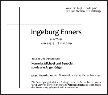 Traueranzeige von Ingeburg Enners von Siegener Zeitung