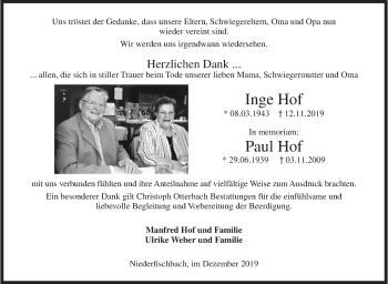 Traueranzeige von Inge und Paul Hof von Siegener Zeitung