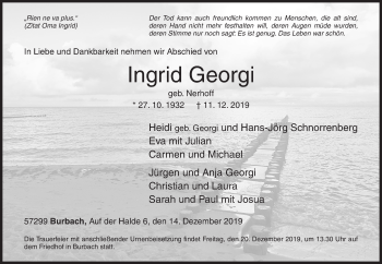 Traueranzeige von Ingrid Georgi von Siegener Zeitung